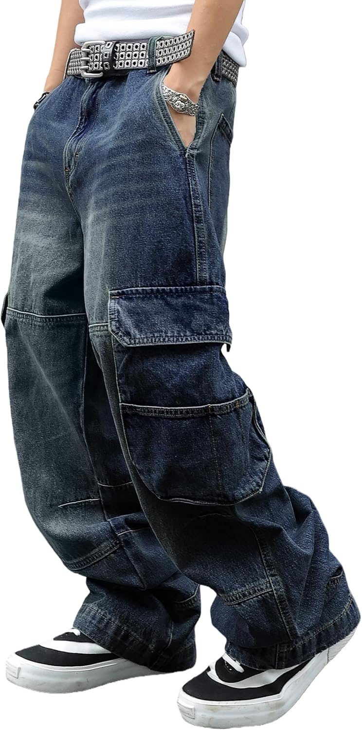 Men's Y2K Hip Hop Baggy Cargo Jeans Loose Fit Wide Leg Denim Pants Casual Streetwear Trousers