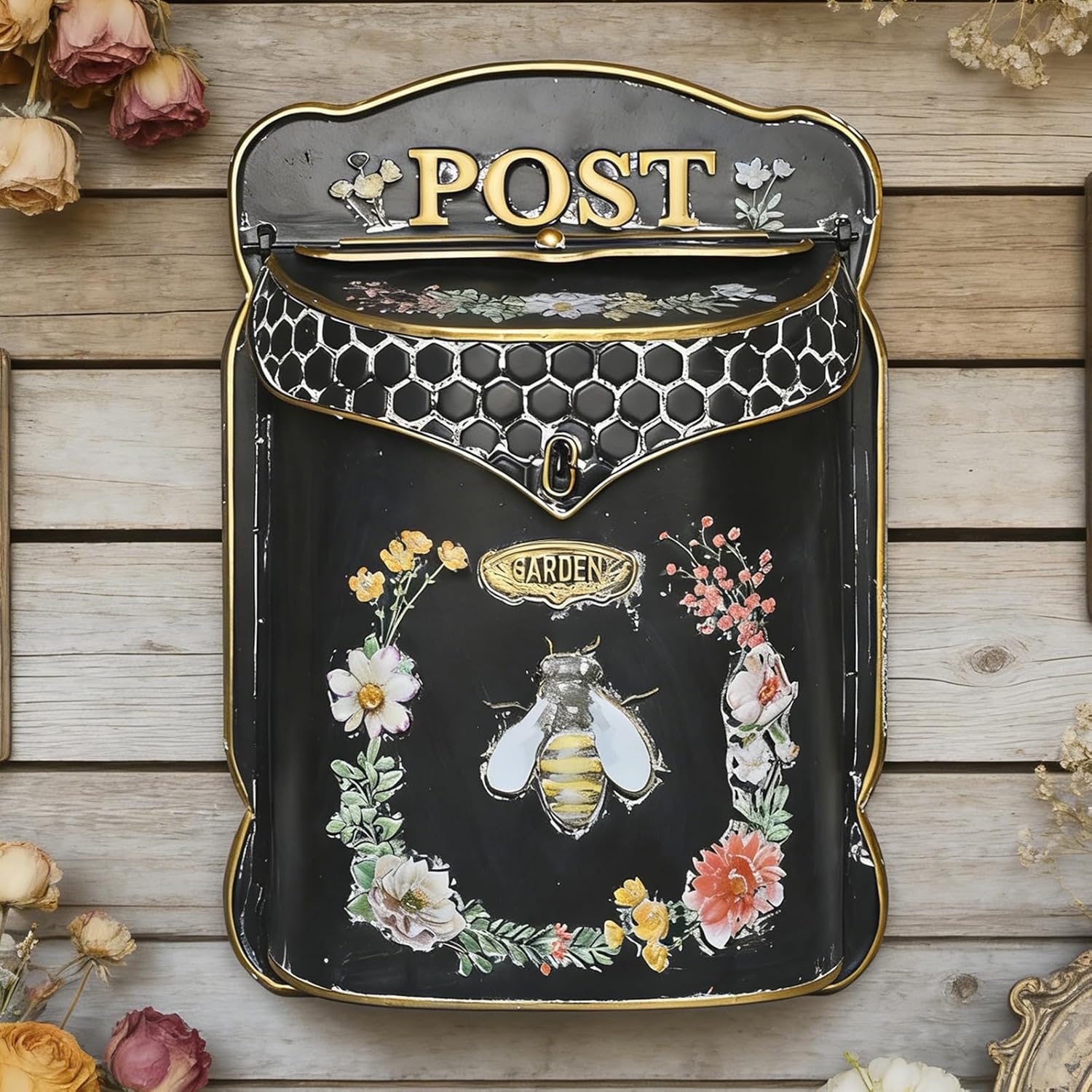 Vintage Wall Mount Mailbox for Outside Metal Mail Boxes for House Outside Door Mailbox Drop Box Antique Style Nostalgic Charm Home Decorative (Black)
