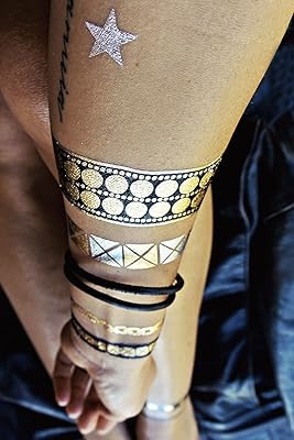 Flash Tattoos Nikki Authentic Metallic Temporary Jewelry Tattoos 4 Sheet Pack (Black/gold/silver) Includes over 31 premium waterproof rocker inspired tattoos