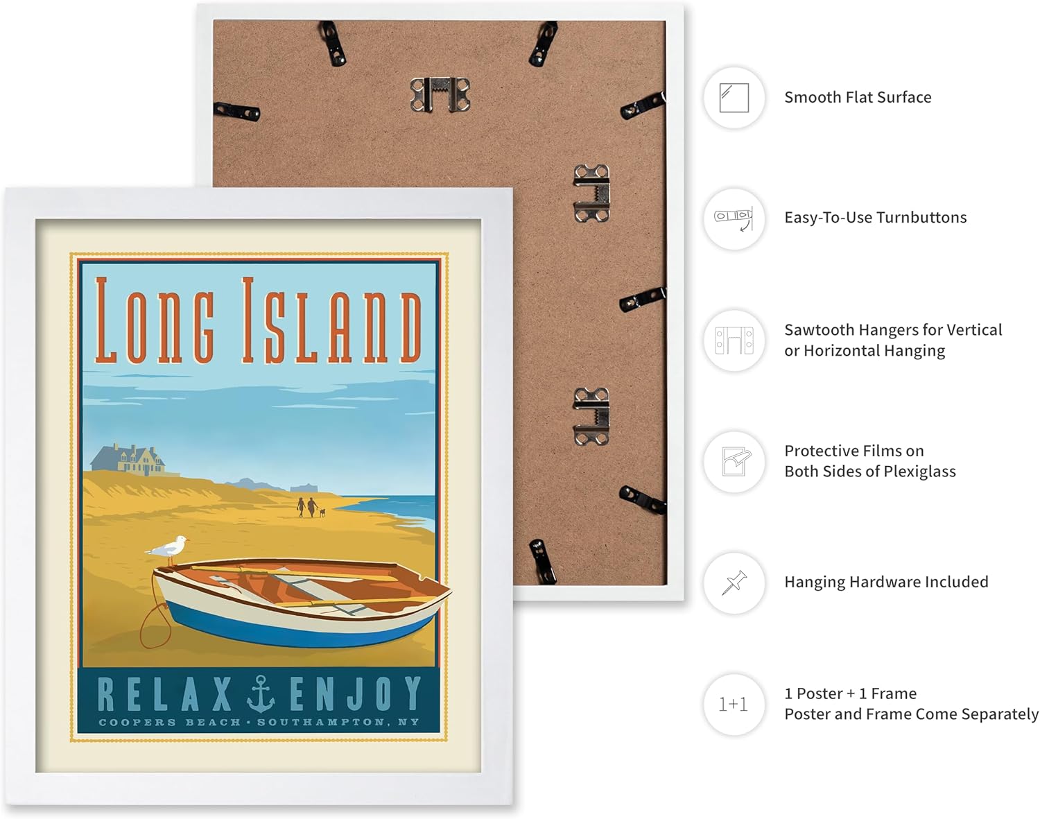 Poster Master Travel Poster - Vintage Long Island New York USA Print - Unique Wall Decor for Home, Living Room, Kitchen, Office, Bedroom, Bathroom - Vintage Travel Poster, 16x20 White Framed