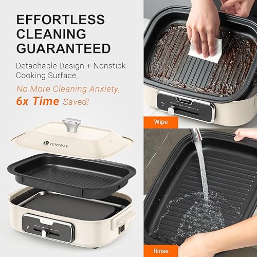 Miniatura 7 de Ventray Juego de parrilla clásica para interiores, versátil juego de sartenes eléctricas con 5 platos antiadherentes extraíbles, tapa para parrilla,
