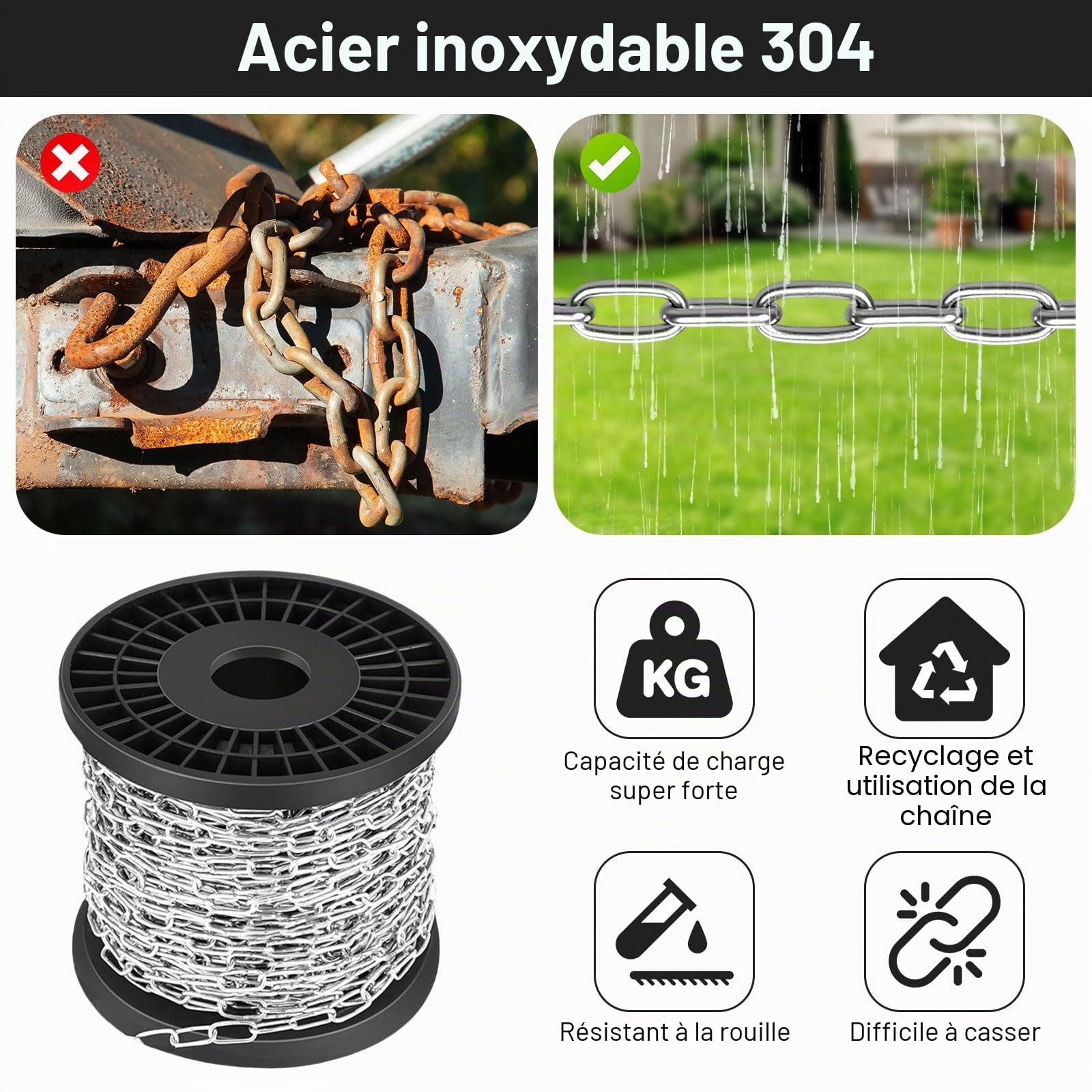 Chaîne en acier inoxydable au mètre 15 m - Chaîne en acier de 1,5 mm - Chaîne en métal à suspendre avec bobine - Chaîne à maillons en acier inoxydable pour suspension, lampes, sacs de sable, fauteuils