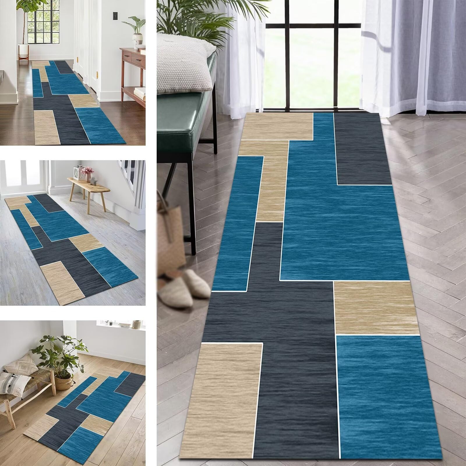Tapis de salon bleu jaune moderne géométrique polyester 80x100