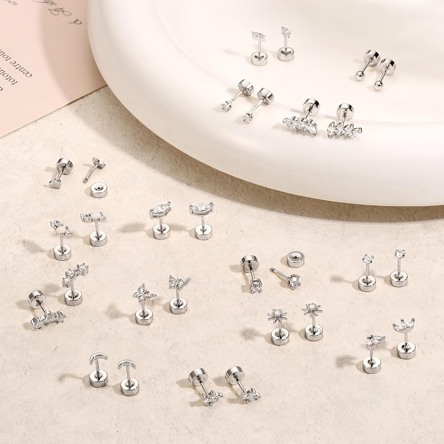 YADOCA Sterling Silver Flat Back Earrings for Women Hypoallergenic 14K Gold Plated Flatback Stud Earrings Trendy Cartilage Helix Conch Tragus Piercing Jewelry 3 Pairs Dainty CZ Opal Earring Set - Image 8