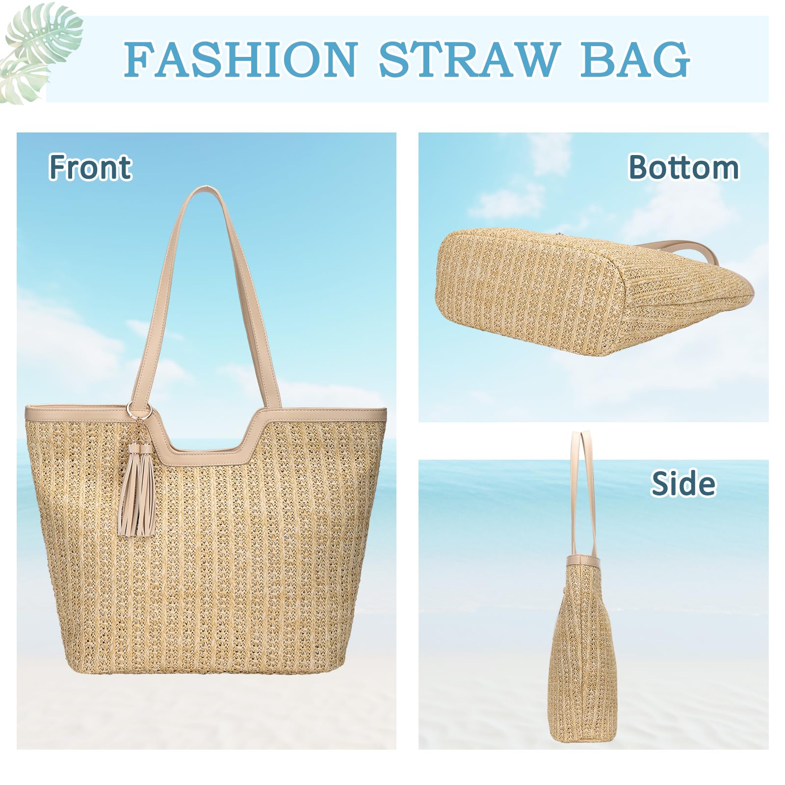 VASCHY Bolsa Playa de Paja para Mujer, Bolsa Tote Bag de Verano Bolsa de Hombro Plegable Bolsa de Mano para Shopper Viaje Bolso Bohemia con Cremallera para Uso Diario