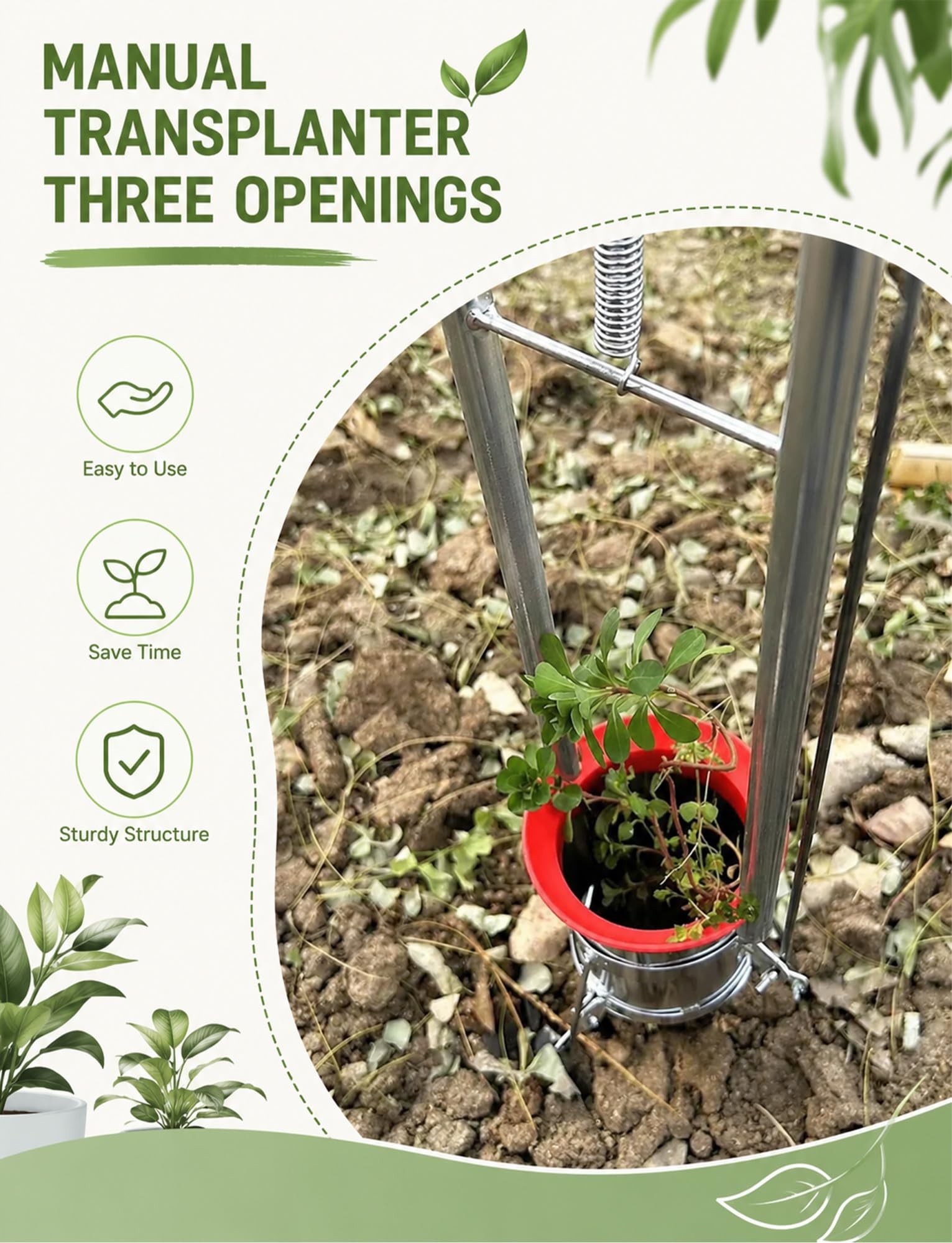 Dispositif de transplantation à une seule main, perforateur de semis manuel à 3 ouvertures, for les travaux de déplacement des bulbes enfouis et des semis de légumes(7.6 cm/3 in,20 cm/7.9 in)