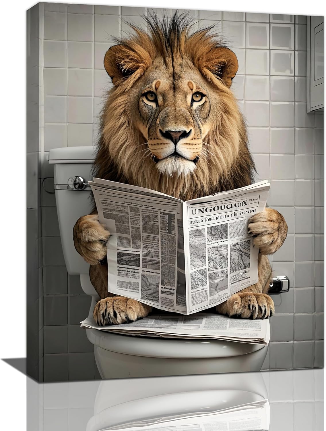 Funny Lion Bathroom Wall Art Cute Lion Toilet Wall Decor Pictures Animal Bathroom Canvas Prints Painting Home Decorations Restroom Artwork Ready to Hang Framed Gifts 12"x16"