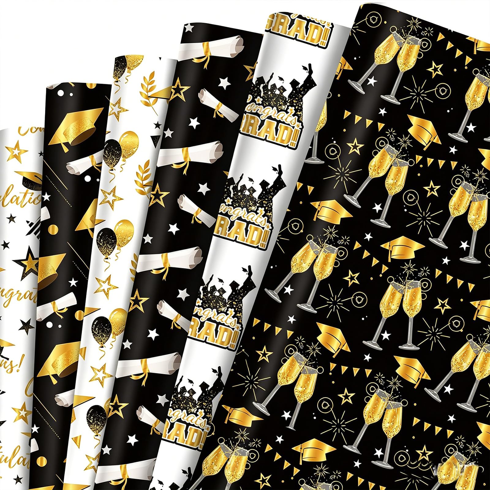 12Pcs Graduation Wrapping Paper Sheets, 69x50cm Black Gold Graduation Season Art Gift Wrapping Paper,Recyclable Wrapper for Boys Girls Kids Party Gift Wrap Boxes Decorations