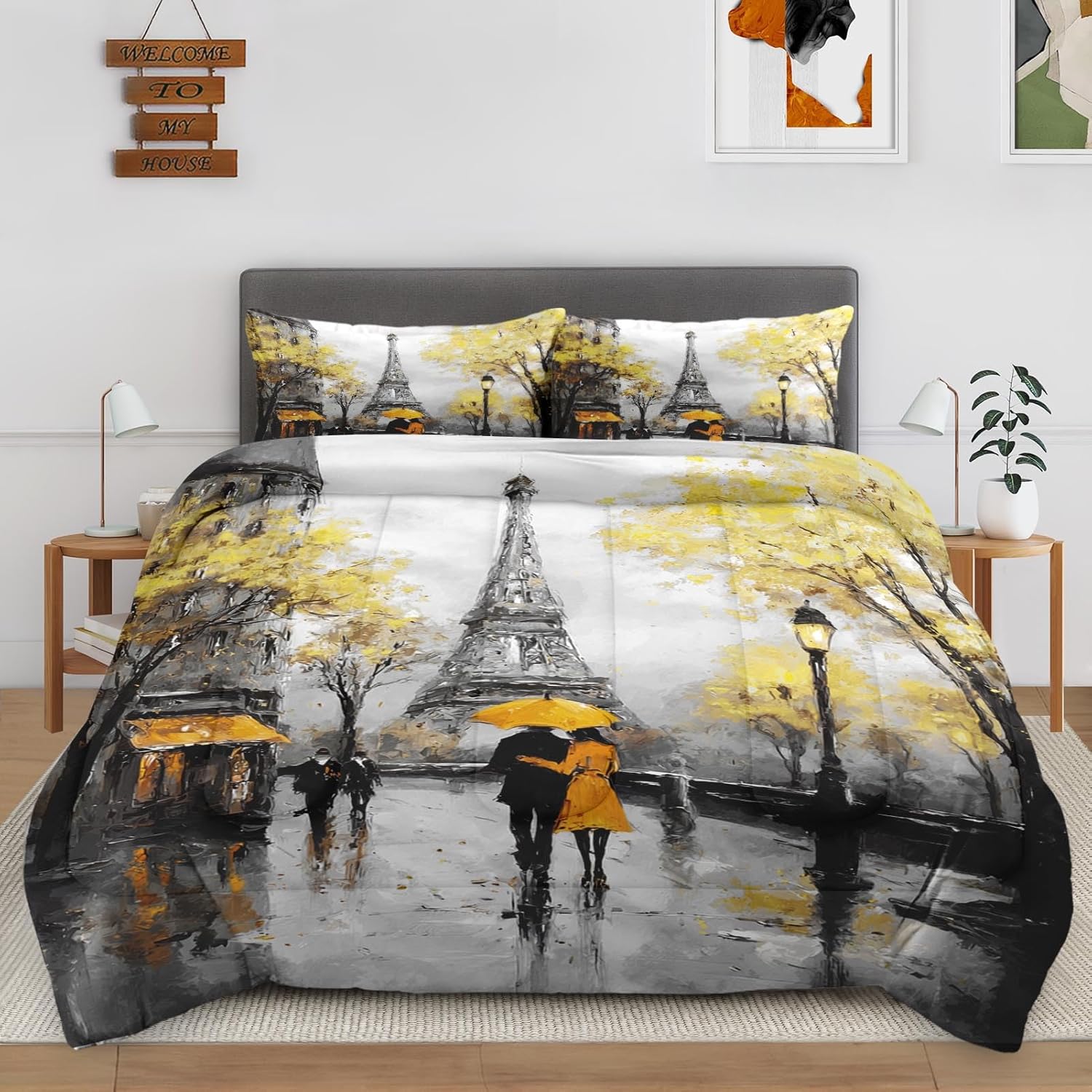 3Pcs Full Size Comforter Set, Black and White Paris Eiffel Tower, Bedding Decor Yellow Umbrellas Romantic Couple for Kids and Adults, Soft Cozy Bedroom Bed Set