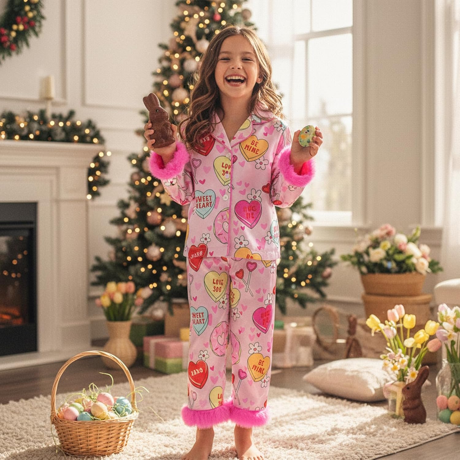 2Pcs Valentines Pajamas for Toddler Girl Lapel Button Bows Heart Print Tops and Pants Little Kids Girls PJ Nightgown - Image 2