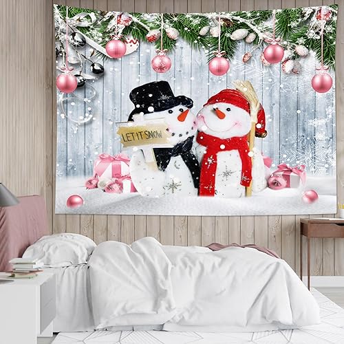 LB Tapiz navideño de muñeco de nieve, lindo muñeco de nieve con bola de Navidad rosa sobre madera gris, tapiz de pared para dormitorio, nieve de