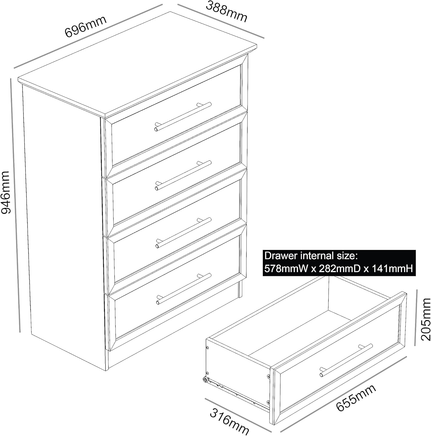Technical diagram showing the dimensions of the Galano Cleverton 4-Drawer Chest.