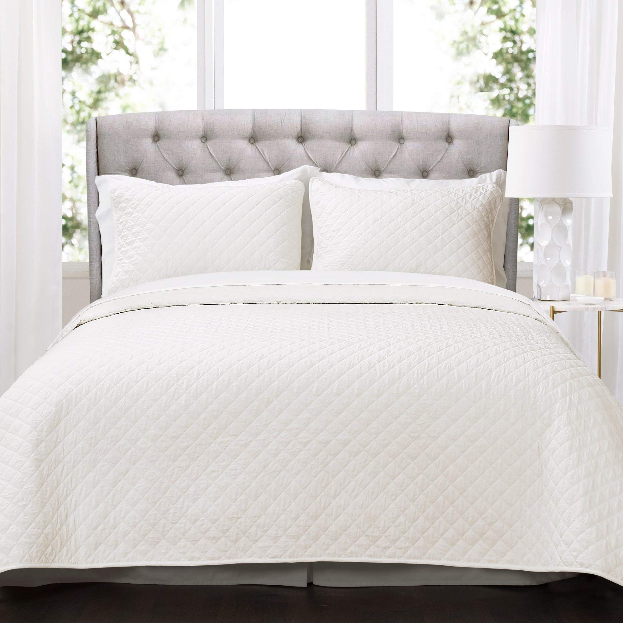 MISC White Luxury Cotton Quilt Set Full/Queen Oversized Bedding Textured Diamond Design 92x88, 3 Pie