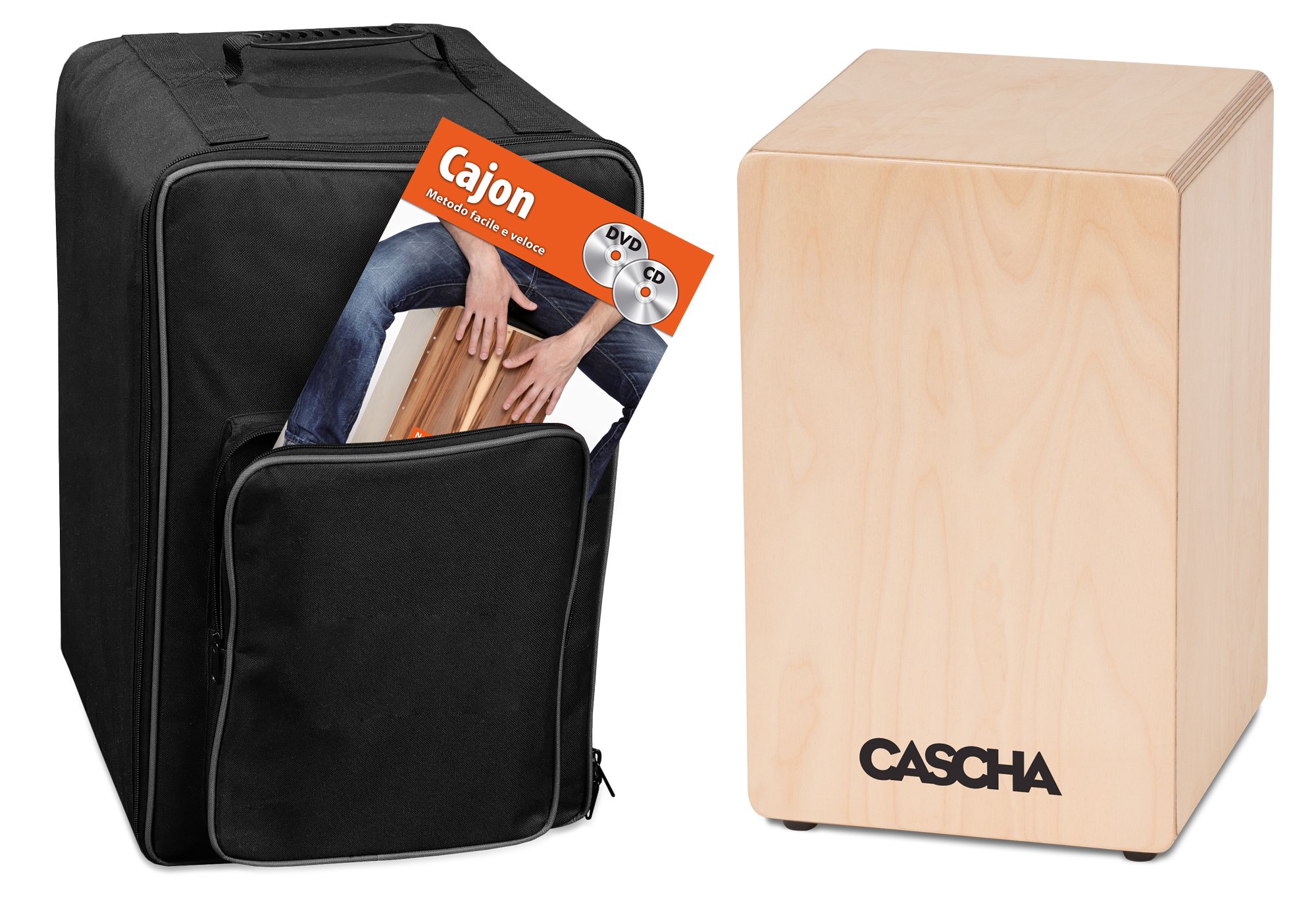 CASCHA HH 2084 IT Cajon Box Bundle - idéal pour les débutants - Cajon avec sac à dos et livre de cajon en italien (avec CD et DVD)