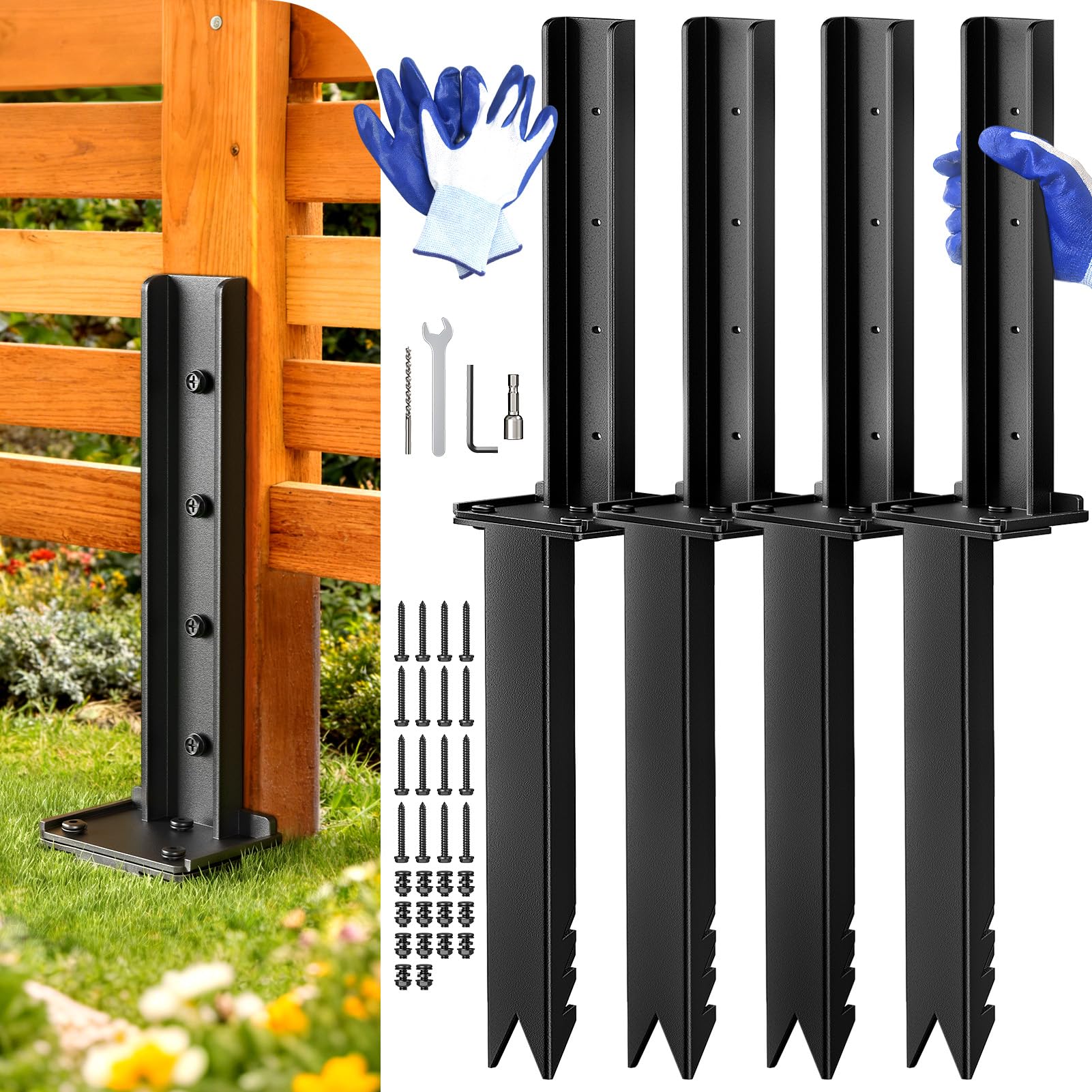 Photo 1 of Goovilla Fence Post Repair Kit, 4Pcs Heavy Duty Fence Post Anchor Ground Stakes, Robust Quick-Fix Wood Support for Broken/Leaning/Tilted/Degraded Wood with Gloves/Installation, Easy to Install,Black