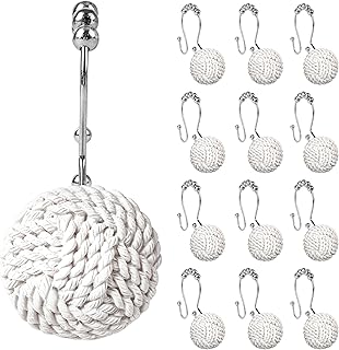 Sunlit Boho Knots Double Shower Curtain Hooks, Home Decorative White Shower Curtain Rings for Bathroom, Seaside Nautical Shower Curtain Hangers Bathroom Accessories, Set of 12