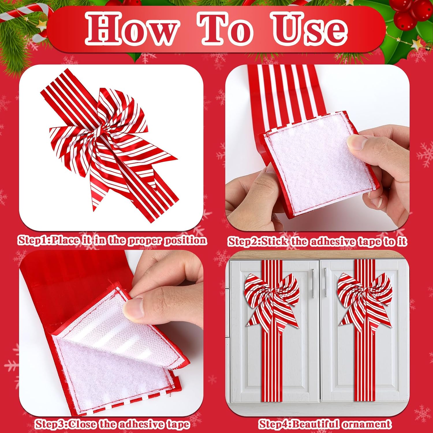 10 Pcs Christmas Cabinet Ribbons Large Bows for Christmas Cabinet Door Red White Bow Xmas Candy Cane Bows and Ribbon for Kitchen Cupboard Furniture Winter Holiday Home Party Decoration Gifts