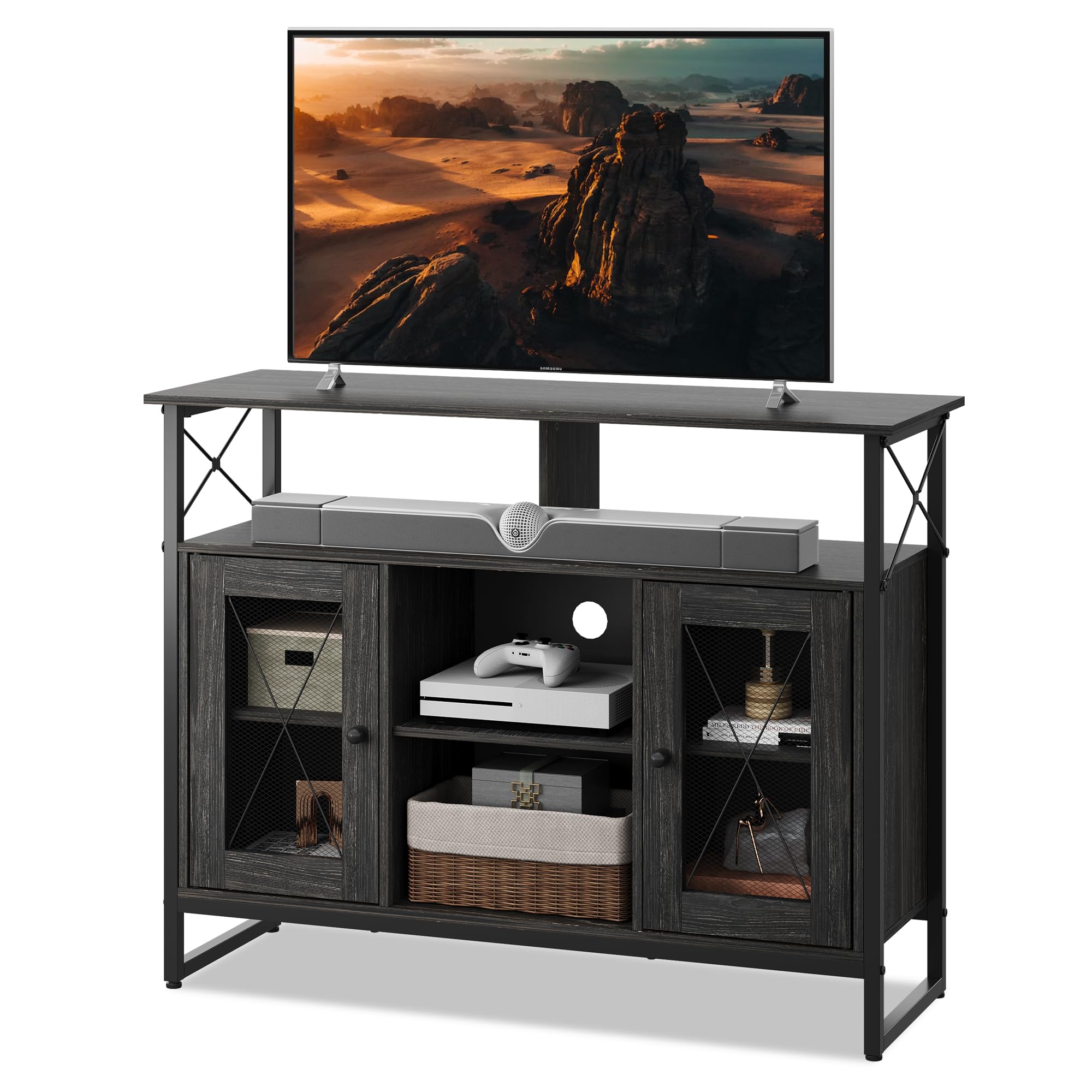WLIVE TV Stand, TV Unit for 43 Inch TVs, Rustic Brown Tall TV Unit Cabinet 96 x 32 x 77 CM, TV Stand with 2 Doors, Buffet Table, Sideboard, for Living Room, Wooden Industrial TV Console, Black