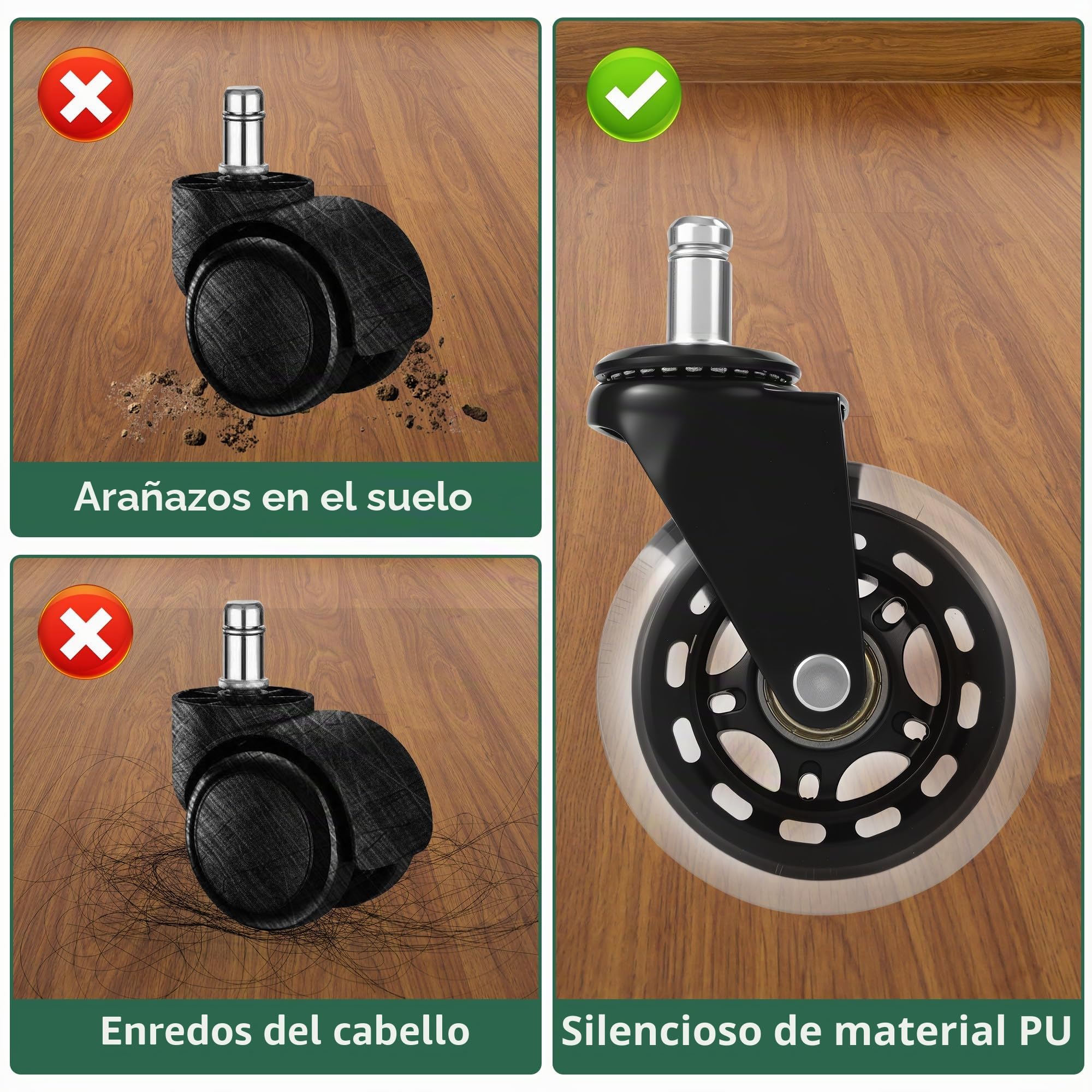 5 piezas Ruedas Silla Oficina, Ruedas para sillas oficina 11 mm x 22 mm, MAX 300kg, Rotación suave y ultra silenciosa de 360 ​​grados, para Pisos duros, paneles, alfombra, laminado y azulejos