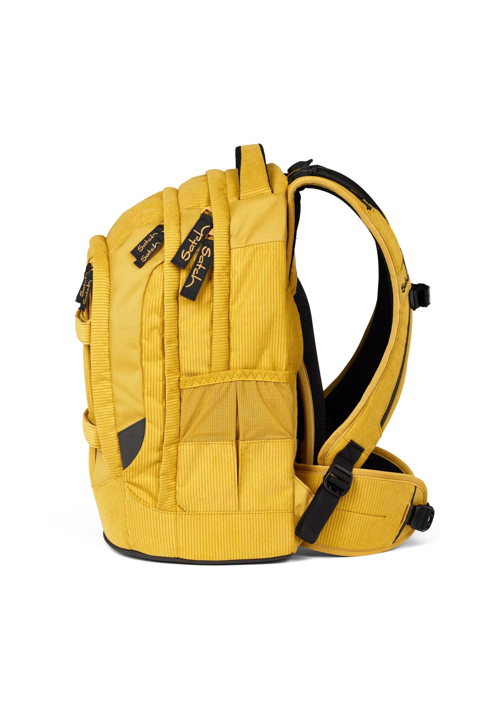 satch pack Schulrucksack Set 4 teilig ab 5. Klasse ergonomisch 30L Stauraum mit Schlamperbox Trinkflasche Sportbeutel Retro Honey Set - Dunkelgelb