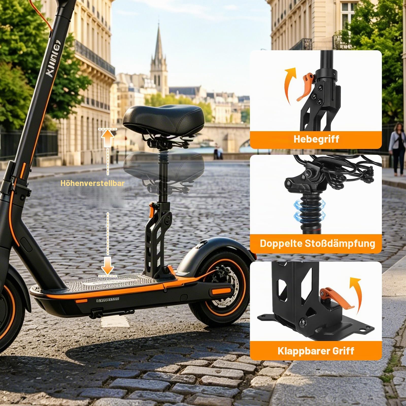 Elektroroller Sitzsatte, E Roller Sitz, Scooter Sitz, für Kukirin G2 Pro DB Höhenverstellbar, Faltbar, Stoßdämpfend, Atmungsaktiv, High-End-Sattel, Abnehmbar, für Langstreckenfahrten Geeignet