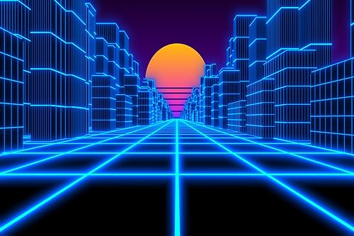 Miniatura 5 de Telón de fondo de paisaje cibernético de 7 x 5 pies, ciudad azul, retro, futurista de los años 80, neón Cyberpunk, cuadrícula, fondo de sol, juego