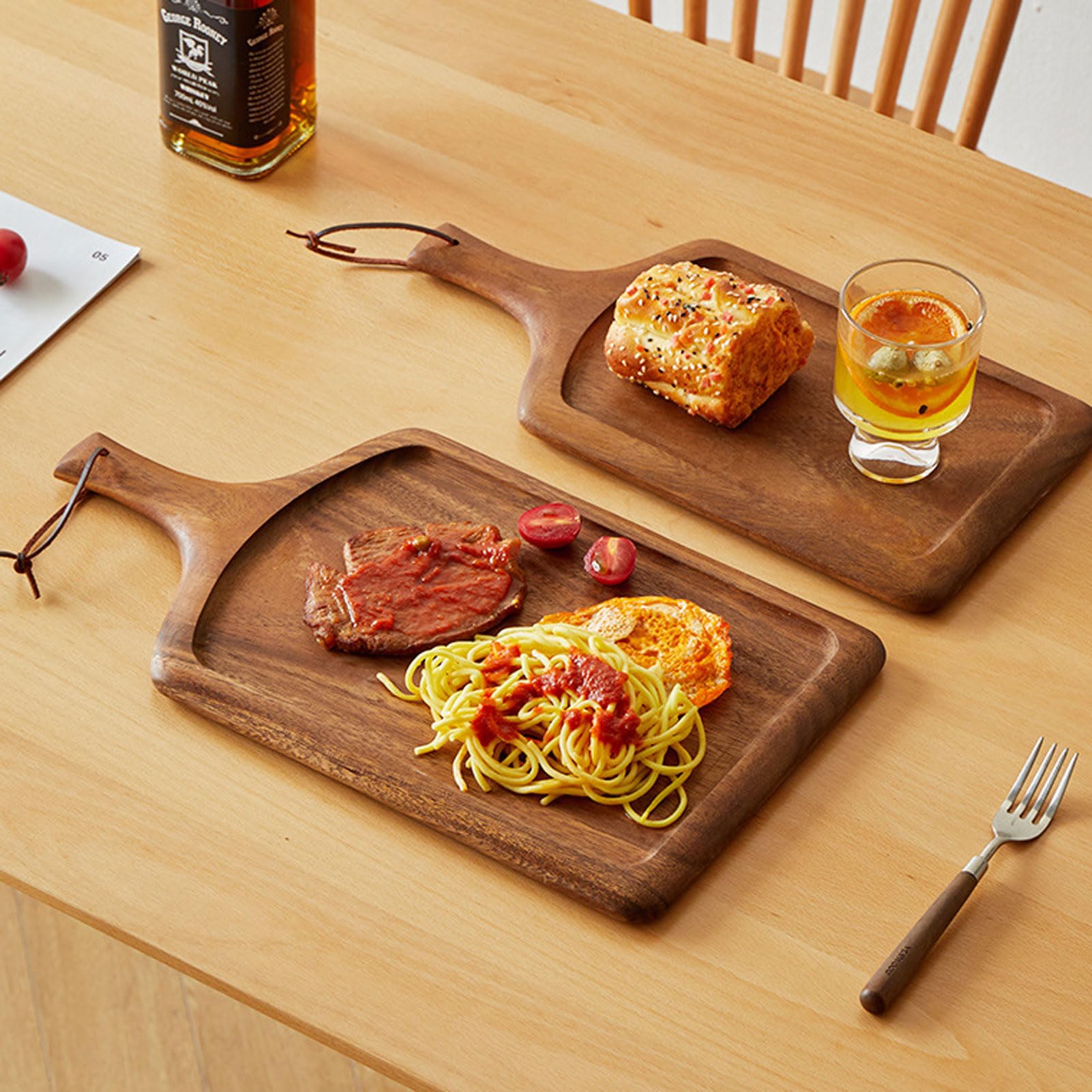 HUHJYUGE Bandeja Madera Decorativa, Bandejas para Servir Comida, Bandeja Redonda de Madera con Asas y Borde Elevado, Vajilla para Pizza, Filete y Queso (Ebony Steak Plate/40x25x2cm)