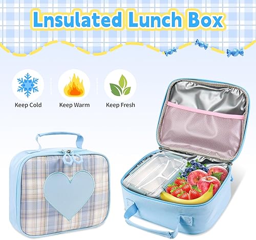 Miniatura 5 de Linda mochila para niñas, paquete de 5 mochilas kawaii estéticas con juego de lonchera, mochila escolar para niños y adolescentes, Azul, Lindo Kawaii