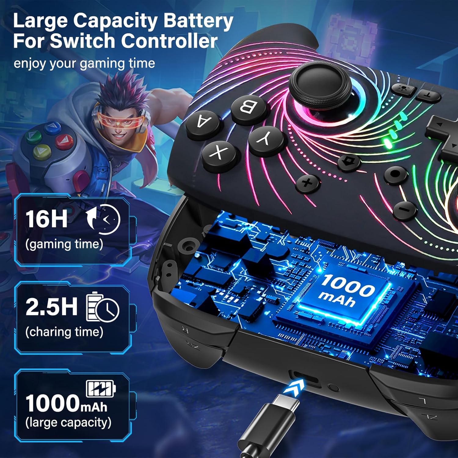 Wireless Switch Controller for Nintendo Switch/Lite/OLED Controller, Switch Controller with 10 LED Light, Pro Switch Controllers with One Key Pairing/Wake Up/Turbo/Vibration/6-Axis Gyro/1000mAh Battery/16H Gaming Time