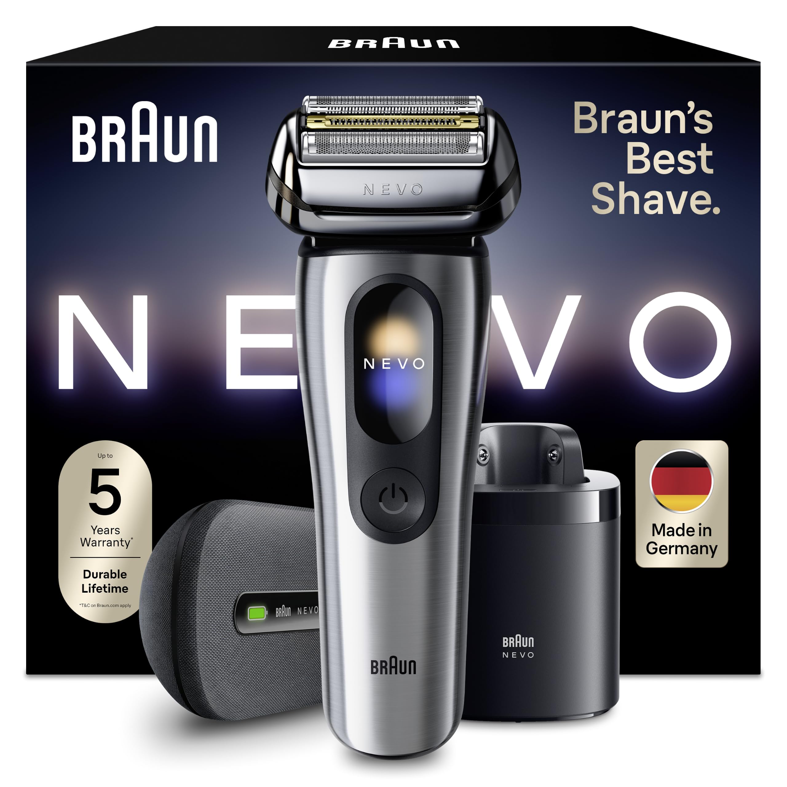 Braun Rasoir Electrique Homme NEVO17005C, Système 7-en-1, Argent | Technologie de Rasage de Barbe AeroTouch, Lames Aiguisées, à Grille, Manche en Acier Inoxydable, Etanche, Rechargeable, Etui