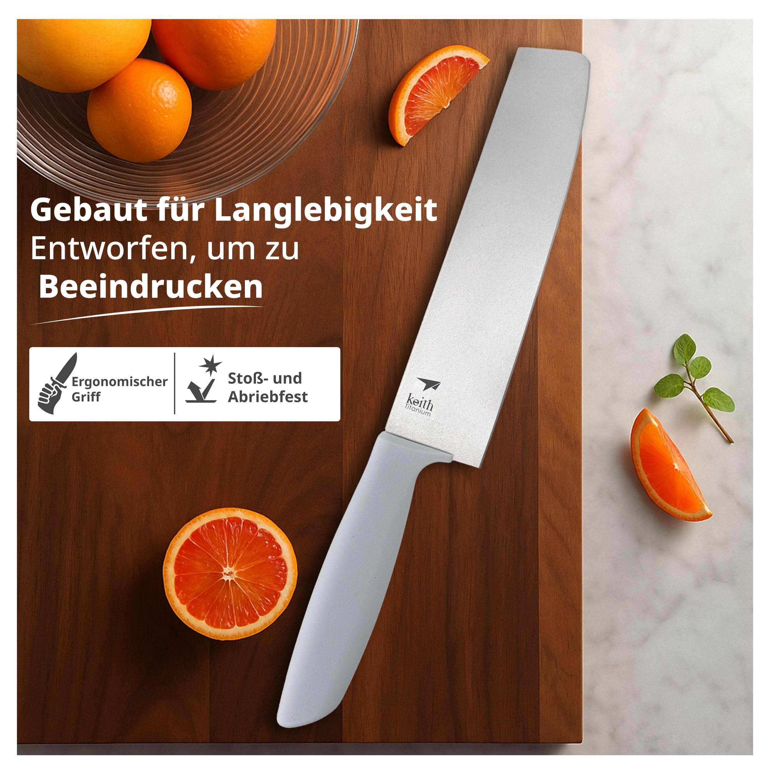 Keith Titanium Küchenmesser mit Scheide, Ti8743, Ultraleichtes Titanmesser für präzises Schneiden von Fleisch, Gemüse & Obst, Ideal für Indoor, Outdoor, Camping, Trekking (34,7 x 8,0 x 2,3 cm)