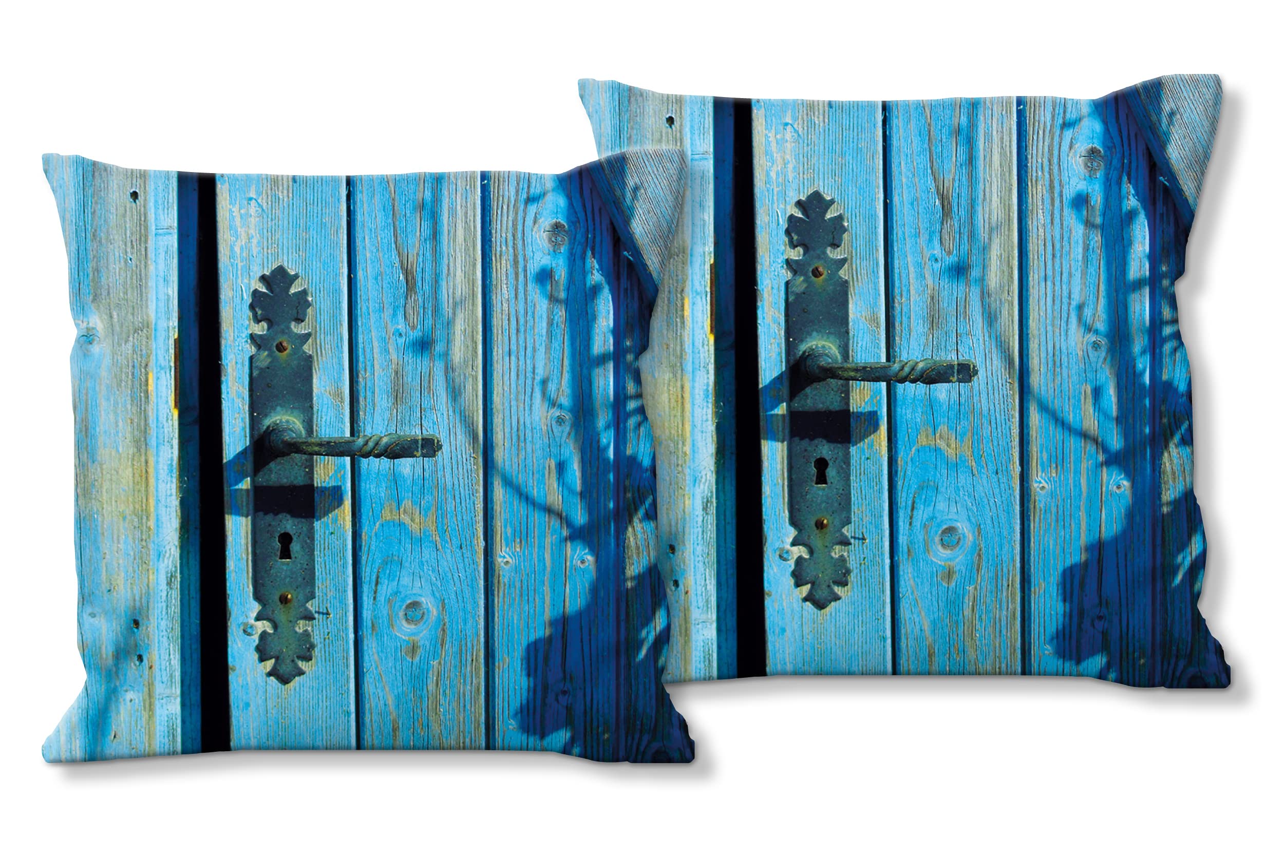 Blaue Tür - Foto-Kissen-Hülle Set (2 STK.) 40 x 40 cm | Kissen-Bezüge - passend zu Wandbild - Deko-Kissen - Fischerhütte Holz Atlantik