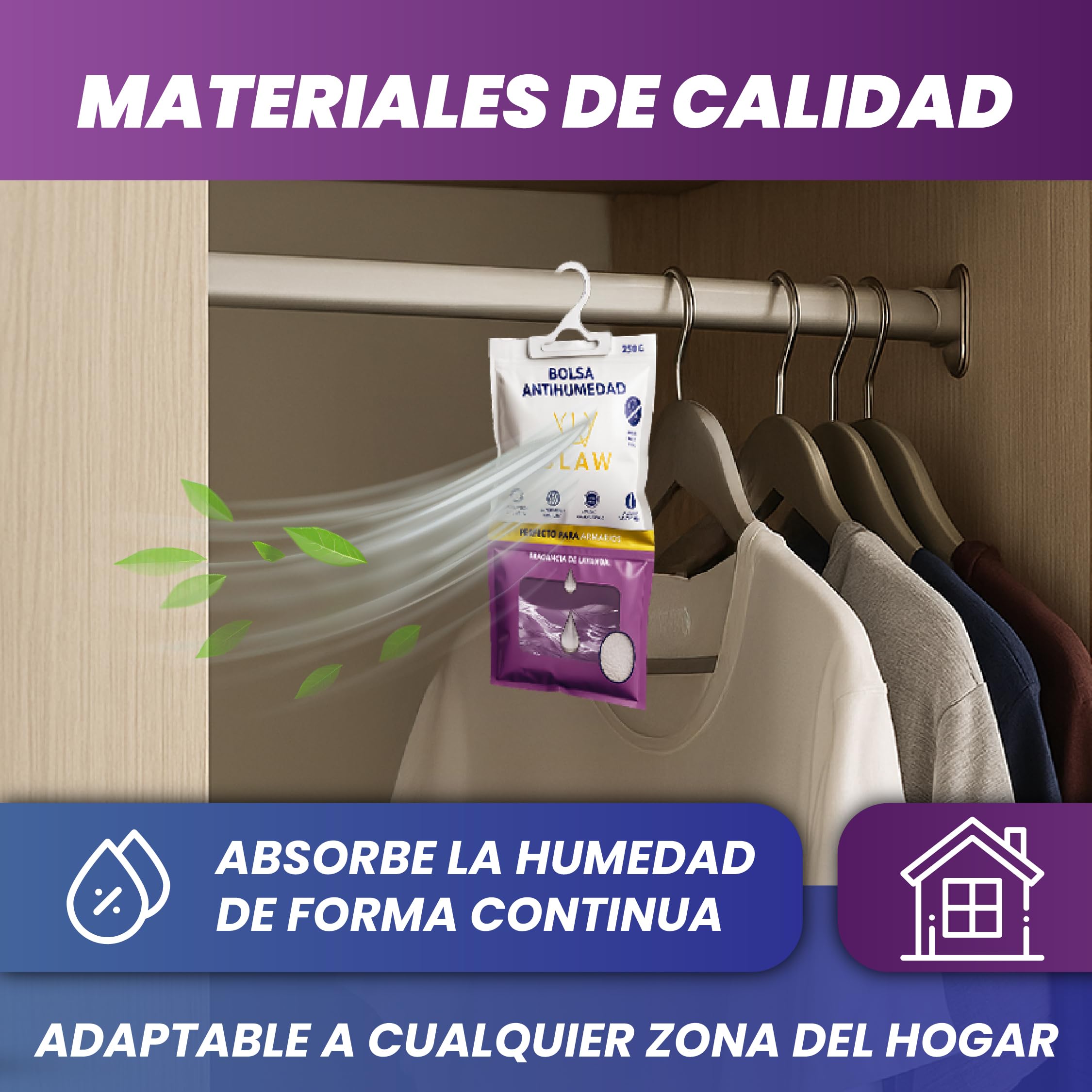 Pack de 12x250g Bolsas Antihumedad 3KG Armario Ropa – Deshumificador Percha Colgante Garaje – Elimina malos Olores con Fragacia de Lavanda- Absorbente Humedad Trastero