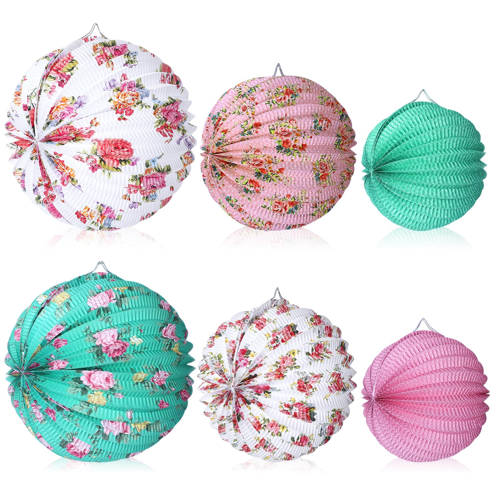 Baquler 6 Pcs Tea Party Decorations Lanterns 3 Sizes Floral Flowers Party Hanging Round Lanterns for Mother's Day Bridal Spring Baby Shower Birthday Wedding Decor