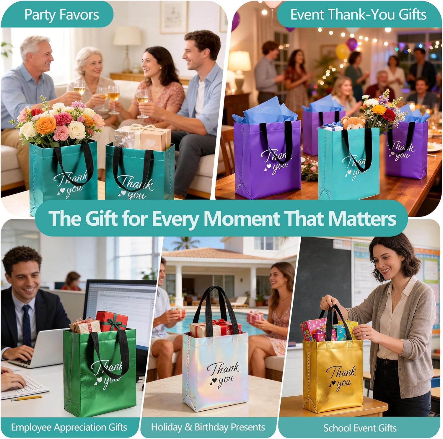 60 Pcs Reusable Gift Bags with Handles Set (10 x 8 x 4 Inch), Include 30 Thank You Bag & Tissue Paper, Medium Colorful Gift Bag Bulk for Birthday, Baby Shower, Bridal Shower, Wedding, Party & Events - Image 5