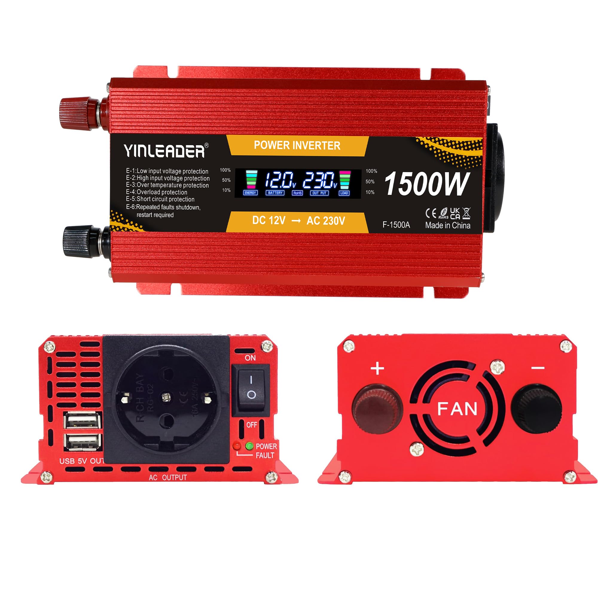 Convertidor de Voltaje 750 W/1500 W 12 V a 220 V/230 V Con LCD y 2 USB - Transformador de Voltaje