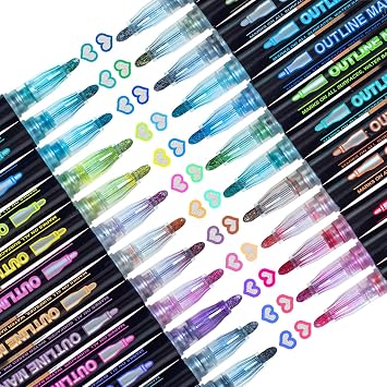 Glitter Markers Outline Pens Metallic: 24 Double Line Outline Markers,Self Outlining Glitter Pens Adult Coloring Gel Sparkle Outliner Shimmer,Teen Gifts Drawing Art Supplies Craft Cool Fun Magic Stuff