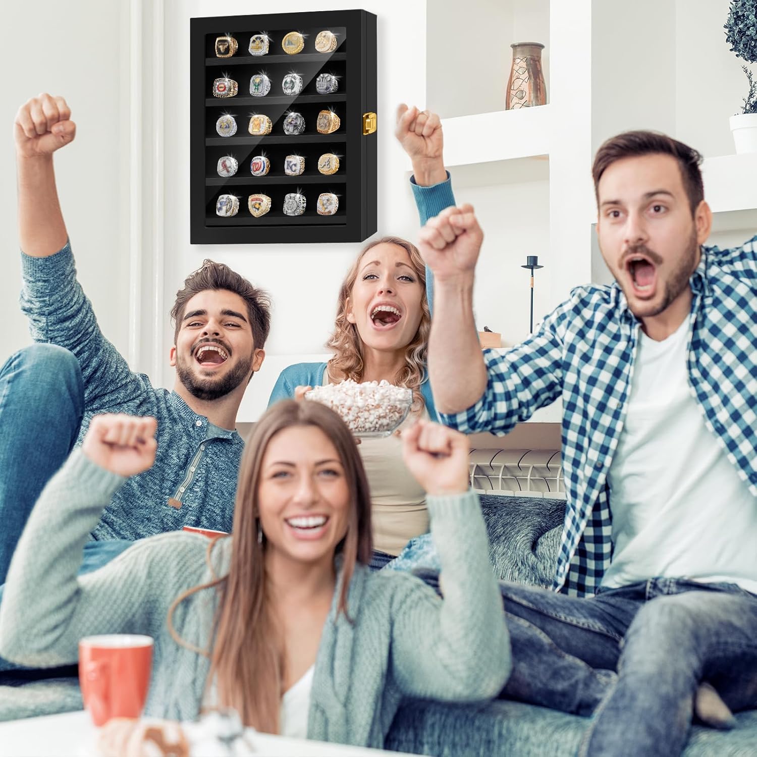 Championship Ring Display Case - 20 Ring Posts Baseball Ring Holder with LED Light, Baseball Ring Display Case, Wall Mount Wooden Shadow Box for Collection Sports Champion Rings (Black)