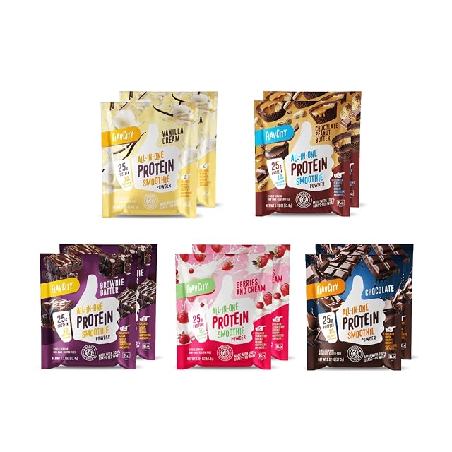 FlavCity Grass Fed Whey Protein Powder - Variety Pack - 25g Protein 10g Collagen - 10 Single Serve