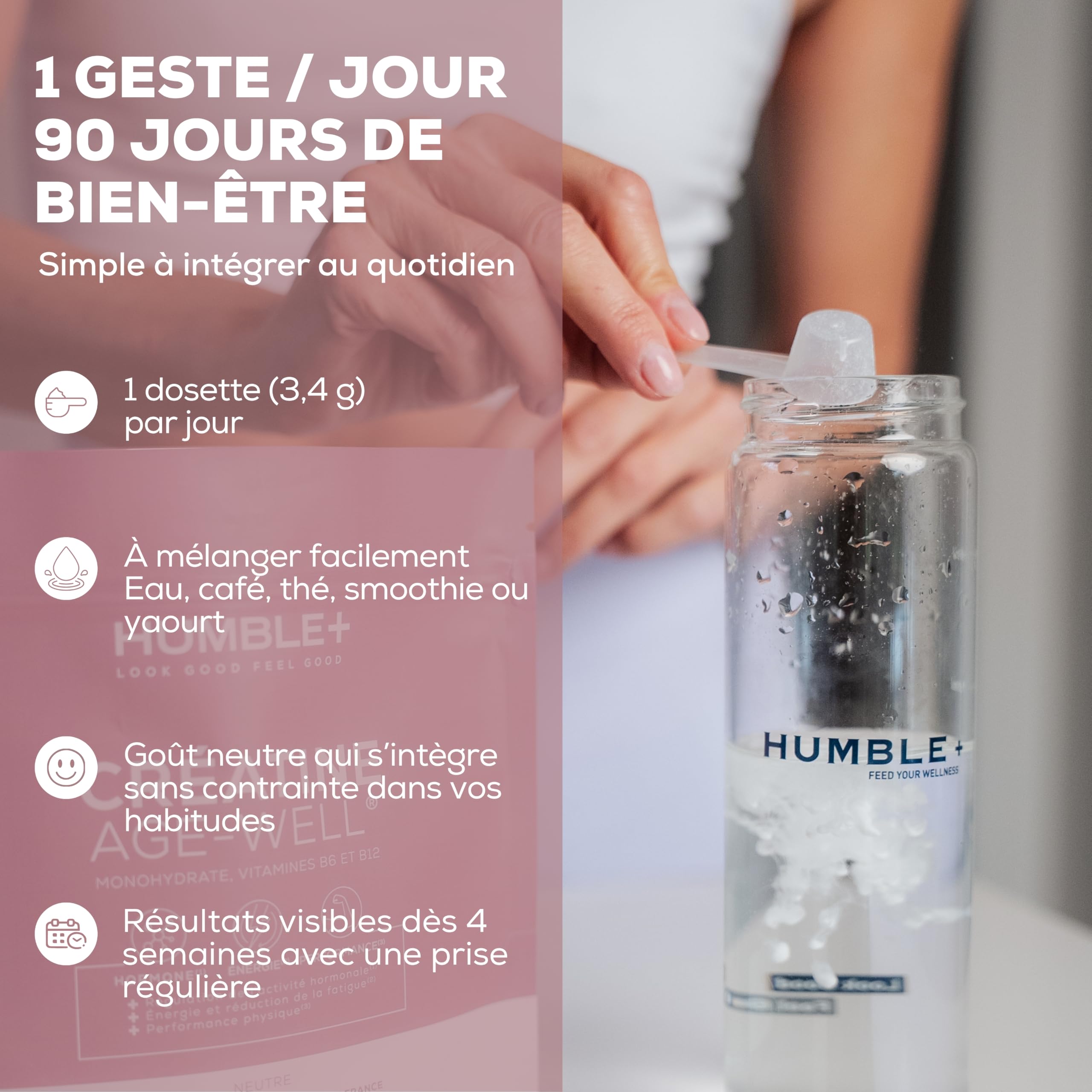 HUMBLE+ Créatine Glow Age-Well® - Créatine Monohydrate + Vitamines B6 et B12-310 g - 90 Portions - Marque Française
