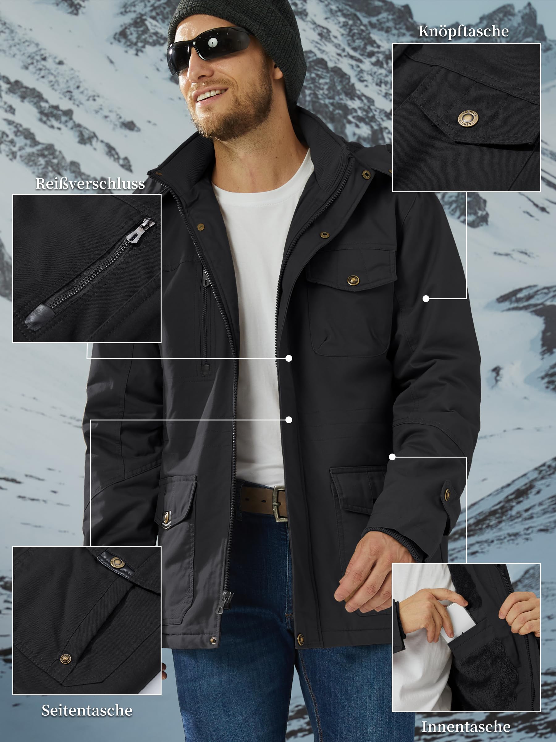 KEFITEVD Winterjacke Herren Warm Gefüttert Jacke mit Abnehmbarer Kapuze | Warme Gefütterte,Winterjacke mit Abnehmbarer Kapuze,Cargo Winterparka,Stehkragen Übergangsjacke,Militärstil