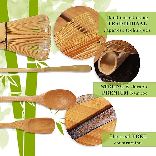 Miniatura 4 de BambooMN Juego de batidor Matcha Golden Chasen (batidor de té) + Chashaku (cuchara de bambú con gancho) + cuchara de té 1 juego Juego de matcha
