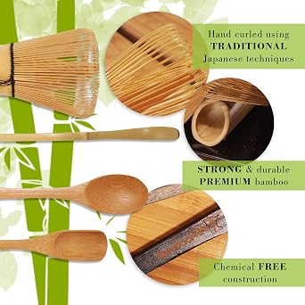 BambooMN Matcha Whisk Set - Chasen (Tea Whisk), Chashaku (Hooked Bamboo Scoop), Tea Spoon - Black