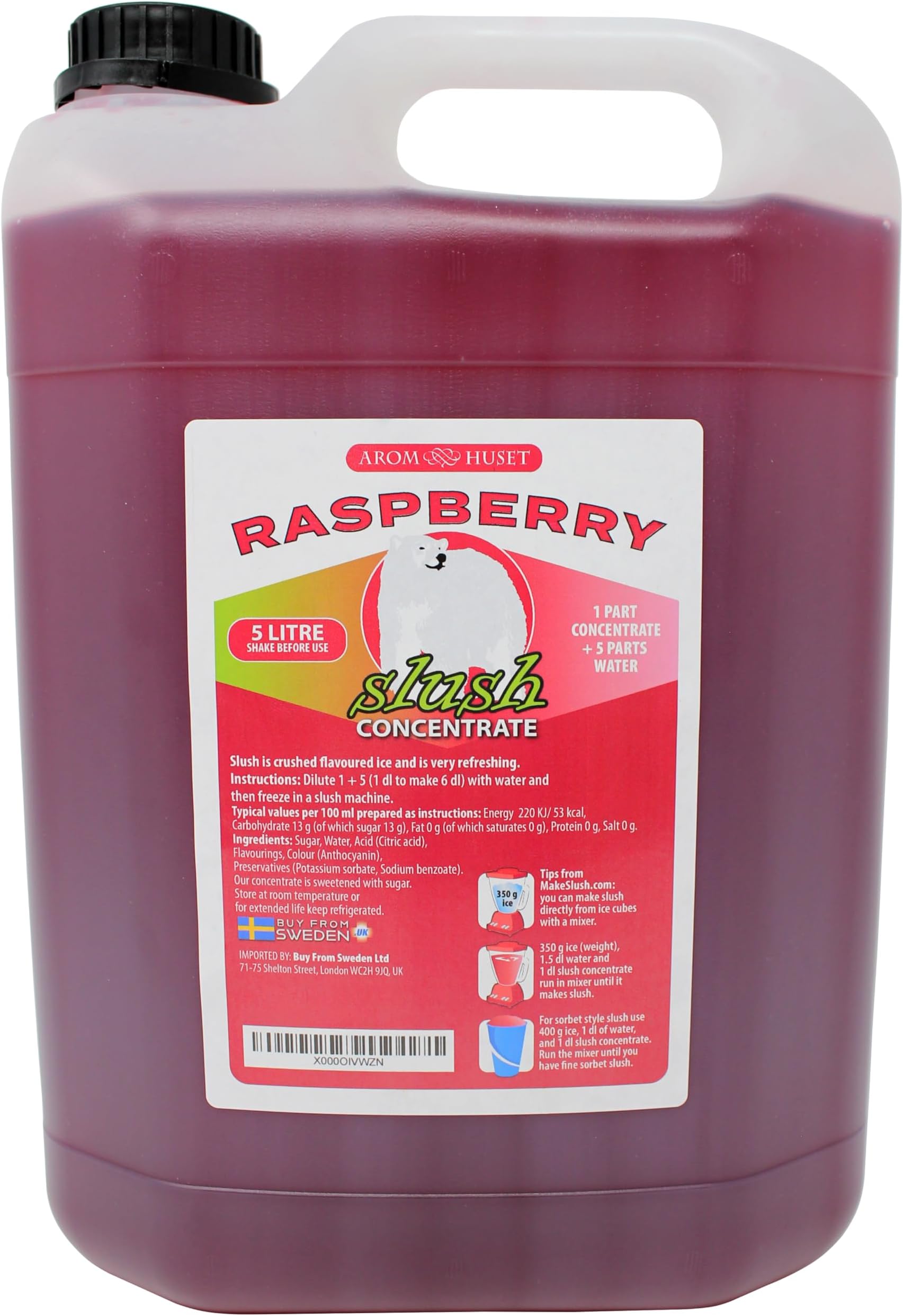 Aromhuset Raspberry Slush Syrup 5 Litres – High Concentrate Flavoured Slushie Mix – For Slush Machines and Blender Mix - For Frozen Drinks, Smoothies, Cocktails, Mocktails, Party Ice Drinks