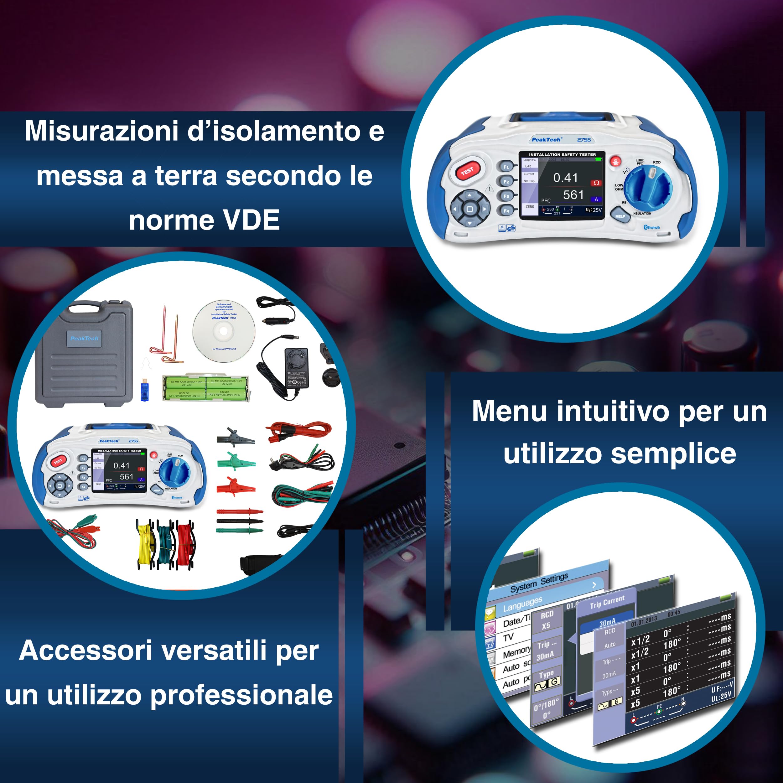 PeakTech 2755 – Tester per installazione elettrica VDE-0100, con Bluetooth, Scheda USB e SD, Schermo a colori TFT da 3,5 ", IP 65, Memoria interna, App per iOS e Android - CAT III 600V