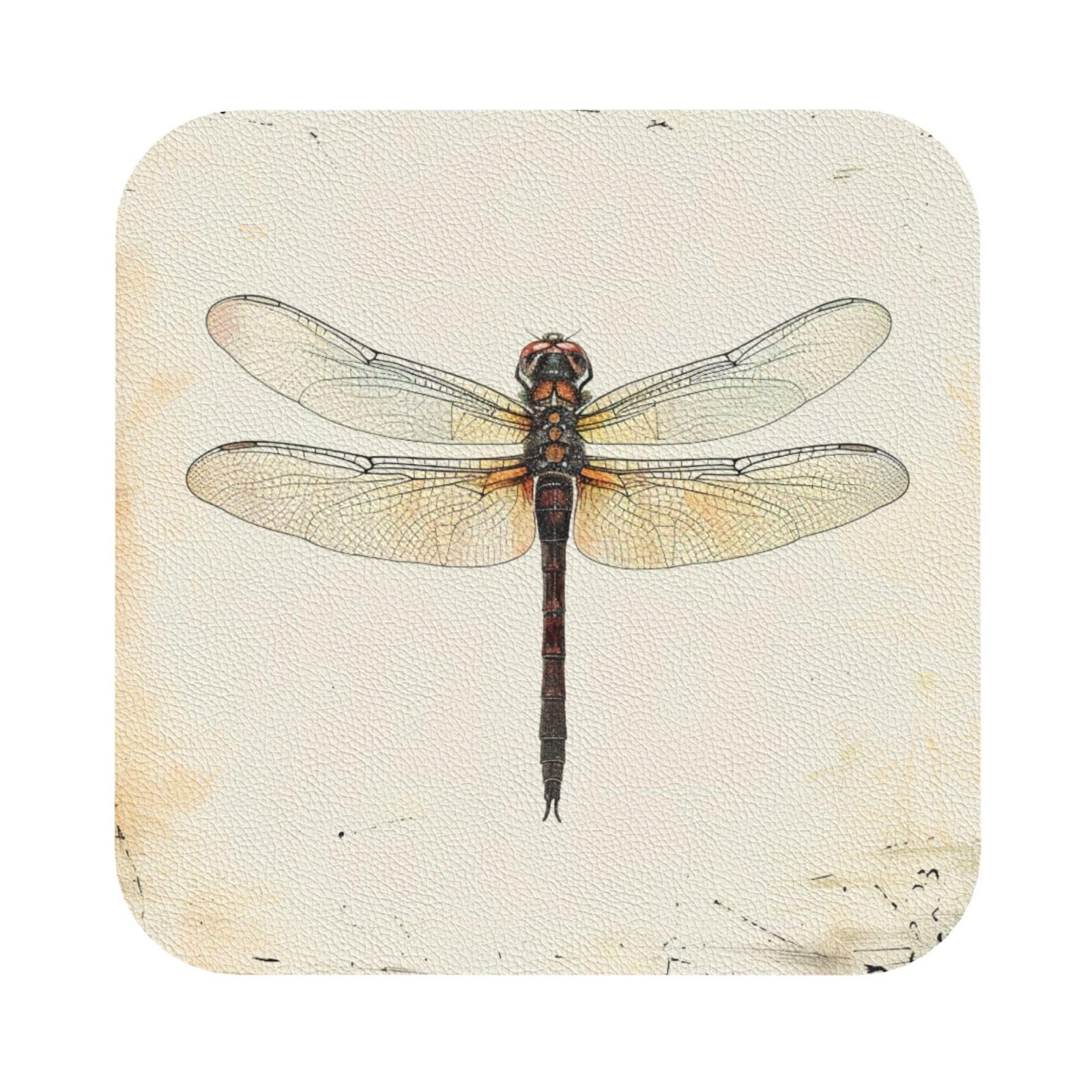 Dragonfly Printed Coasters for Drinks, Leather Coaster Sets of 4, Funny Coffee Cup Coaster, Absorbent Coaster for Home and Office Kitchen Bar Square