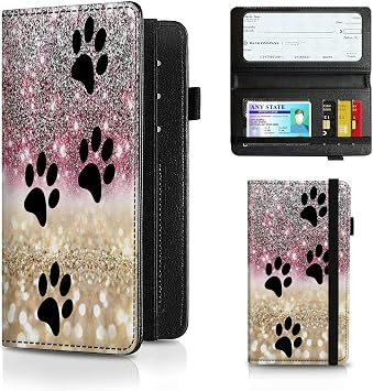 Checkbook Cover for Men and Women, Leather RFID Check Book Wallet With Credit Card Slots, Personal Duplicate Checks Holder With Pen Holder, Black Dog Paw Sparkles