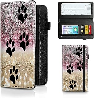 Checkbook Cover for Men and Women, Leather RFID Check Book Wallet With Credit Card Slots, Personal Duplicate Checks Holder With Pen Holder, Black Dog Paw Sparkles
