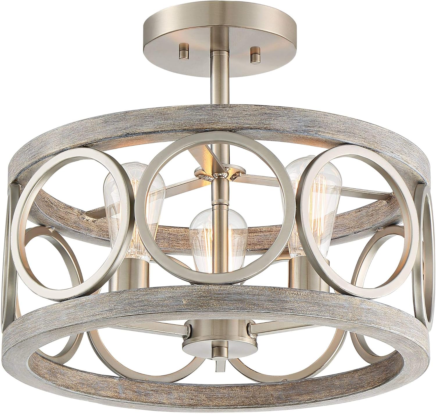 Franklin Iron Works Salima Farmhouse Rustic Industrial Ceiling Light Semi Flush Mount Fixture 16" Wide 3-Light Brushed Nickel Gray Wood Finish Drum Shade for Cottage Core Bedroom Kitchen Living Room