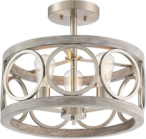 Miniatura 2 de Franklin Iron Works Salima - Lámpara de techo industrial rústica de 16 pulgadas de ancho, 3 luces con acabado de madera gris níquel cepillado para